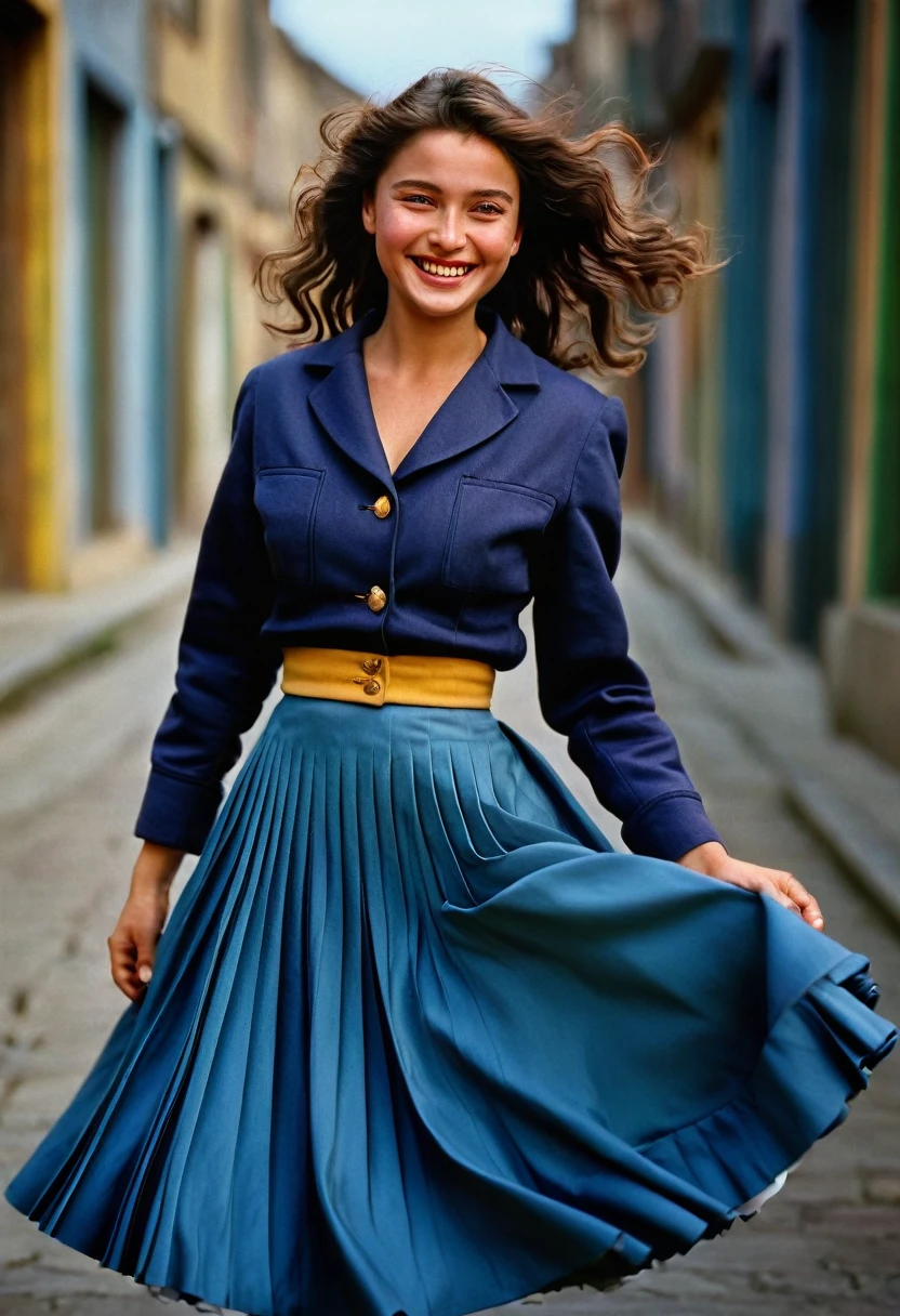 A smiling, authentic, (shy:1,3), kind, beautiful woman, is passionately in love with her skirt, wind lifts her skirt, wearing uniform jacket and very, very detailed (long (fully pleated) full circle skirt) and (low heeled court shoes), very, very intricate hyper-detailed symmetric (attractive graceful young feminine face) with (sad, tired eyes and a loving smile), very voluptuous breasts, full of empathy and compassion and love, (pronounced (feminine) features), (highly detailed ultra accurate realistic) hands and fingers, (windy), epic composition, highly detailed attributes, (35mm f1.4 Kodak portra 400 photograph), extremely high quality RAW photograph, highly detailed atmosphere, sci-fi, cinematic shot, dynamic lighting, 75mm, Technicolor, Panavision, cinemascope, sharp focus, fine details, 8k, HDR, realism, realistic, key visual, film still, superb cinematic color grading, depth of field