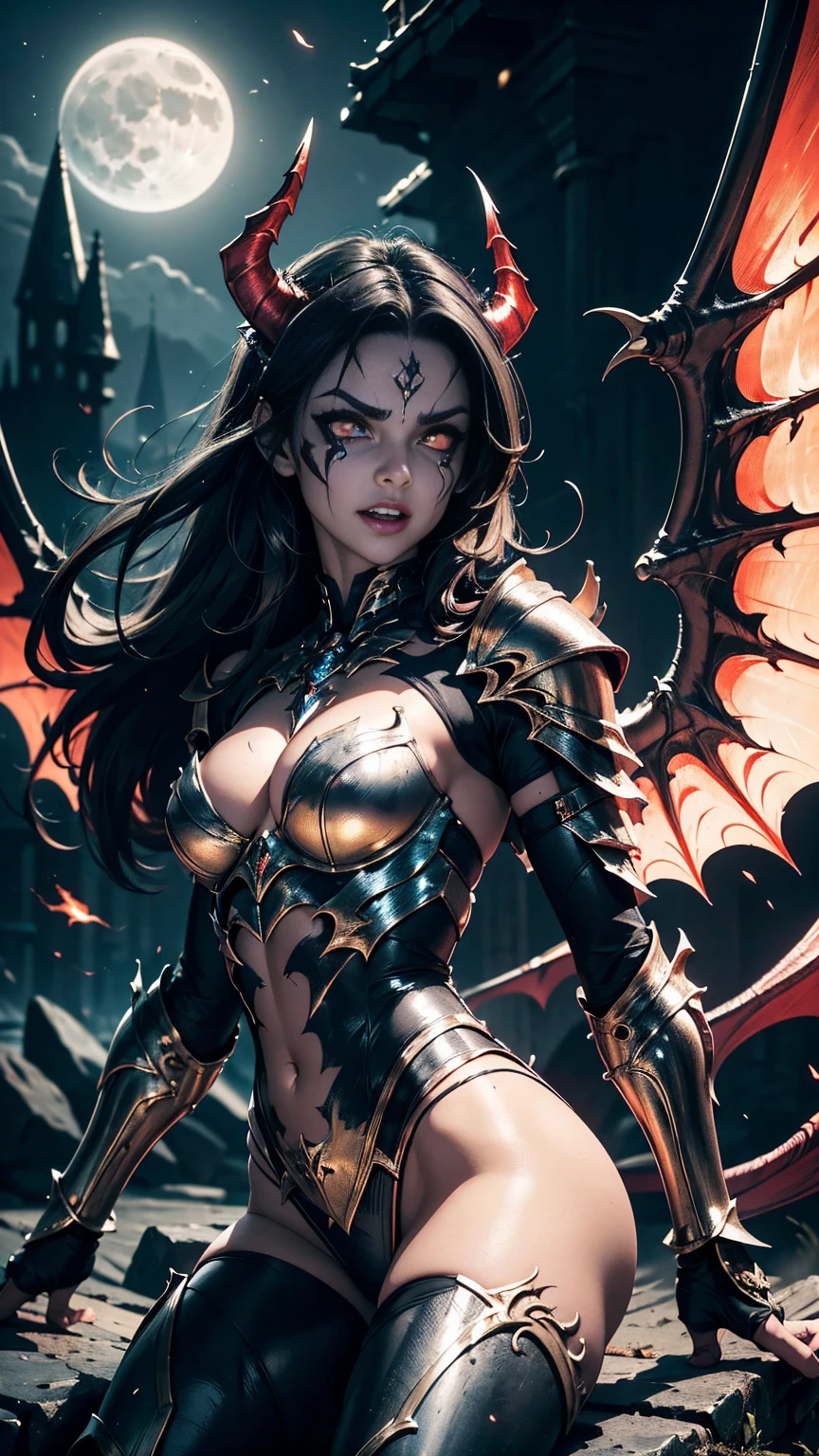 girl, gargoyle warrior, comprised of Antikythera mechanisms, crouching, evil look, sexy, armour panties, claws, fangs, wings, busty, demon tail, demonic armor, facepaint, bodypaint, red glowing eyes, combat stance, vibrant appearance, creative behavior, imaginative, sensual, spontaneous, highest quality, skin texture, intricate details, (cinematic lighting), RAW photo, 8k, under moonlight, nightmarish, full moon, firestorm, debris