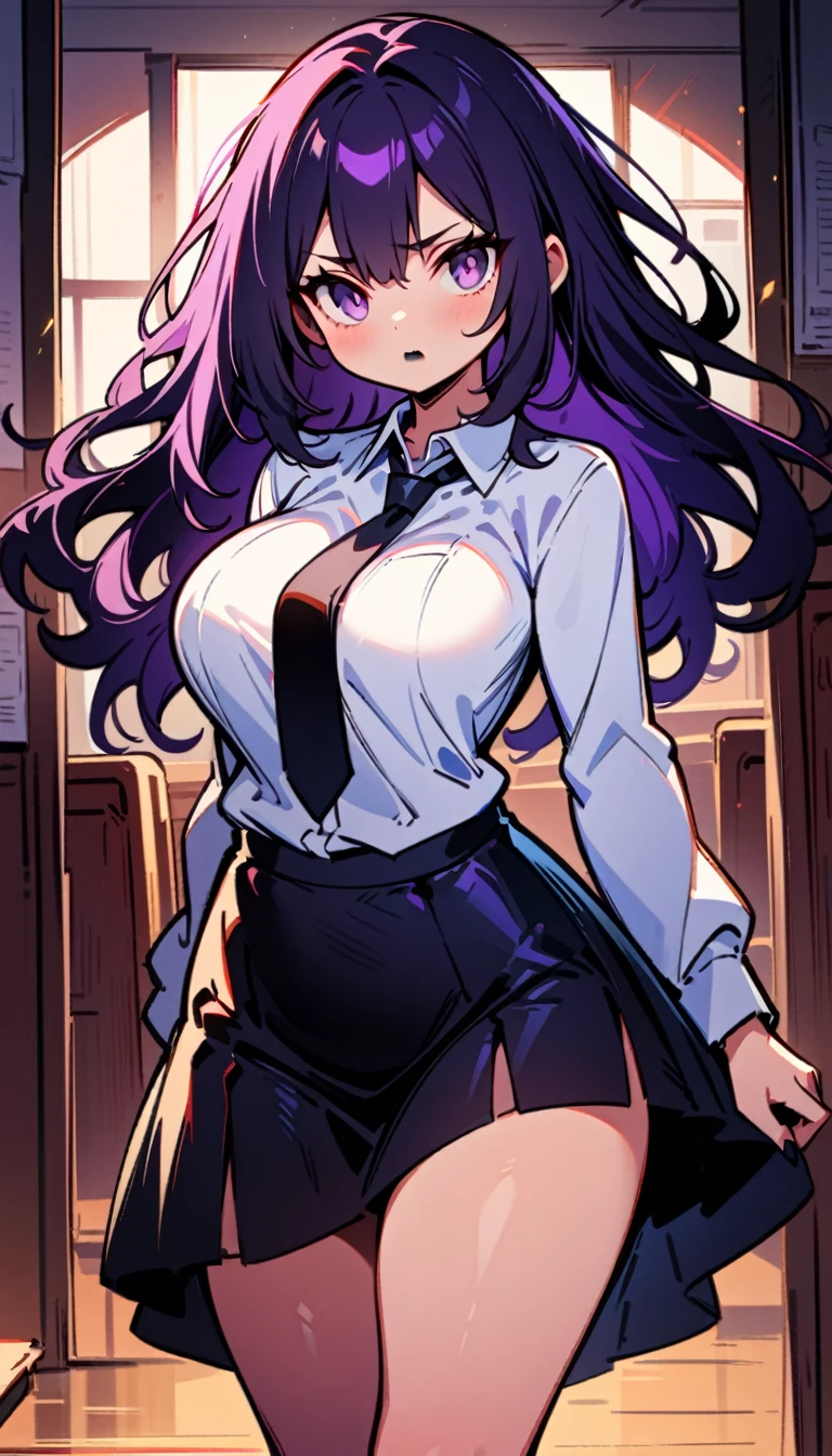 (high quality, 8k, 4K, high contrast, artwork:1.2, high quality, best aesthetics), ((1 woman)), erotic, sensual, mature body, super detailed, beautiful face detailed, beautiful eyes detailed, detailed beautiful mouth, sexy body, perfect breats, perfect wide thighs, (long, wavy dark purple hair), (dark purple eyes), (black lipstick), (serious facial expression), (white dress shirt, black tie, short black skirt), (schoolgirl), (standing), (centered) , (looking at the viewer), (empty classroom)