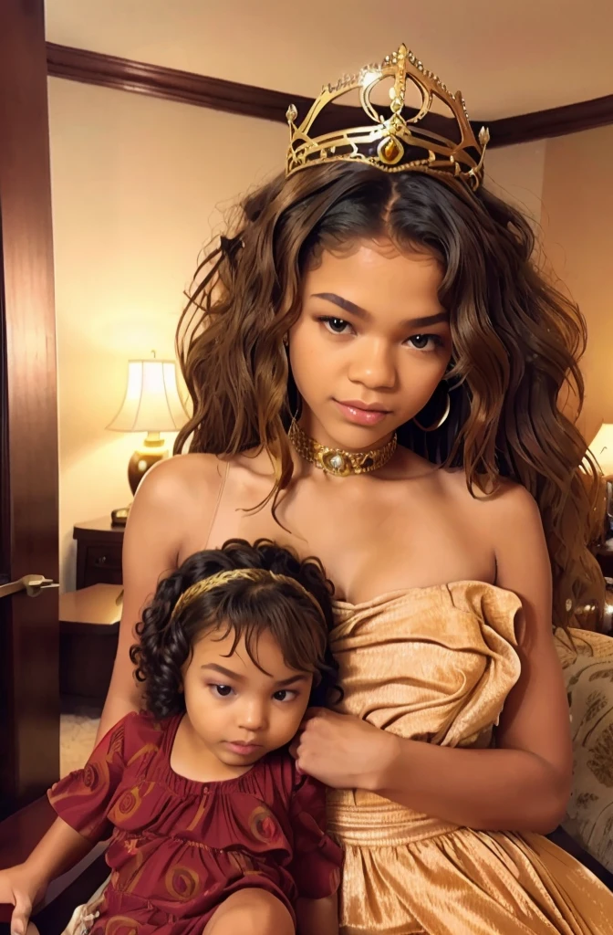 black queen with daughter, queen like Zendaya, zendaya adulte with daughter, curly hair, African queen with long curly hair, daughter has blond curly hair, cute hairstyle, luxury dress, queen crowned, princess crowned
