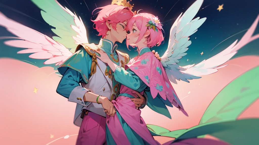 A man with short pink hair and bright blue stars. His face was hopeless and crying. He was tall and thin, wearing a green and pink outfit with a flower pattern on it, and green and pink pants with a flower pattern on it. There is a divine crown with a flower pattern attached to it. It has white divine wings with a flower pattern. in the mobile phone globe