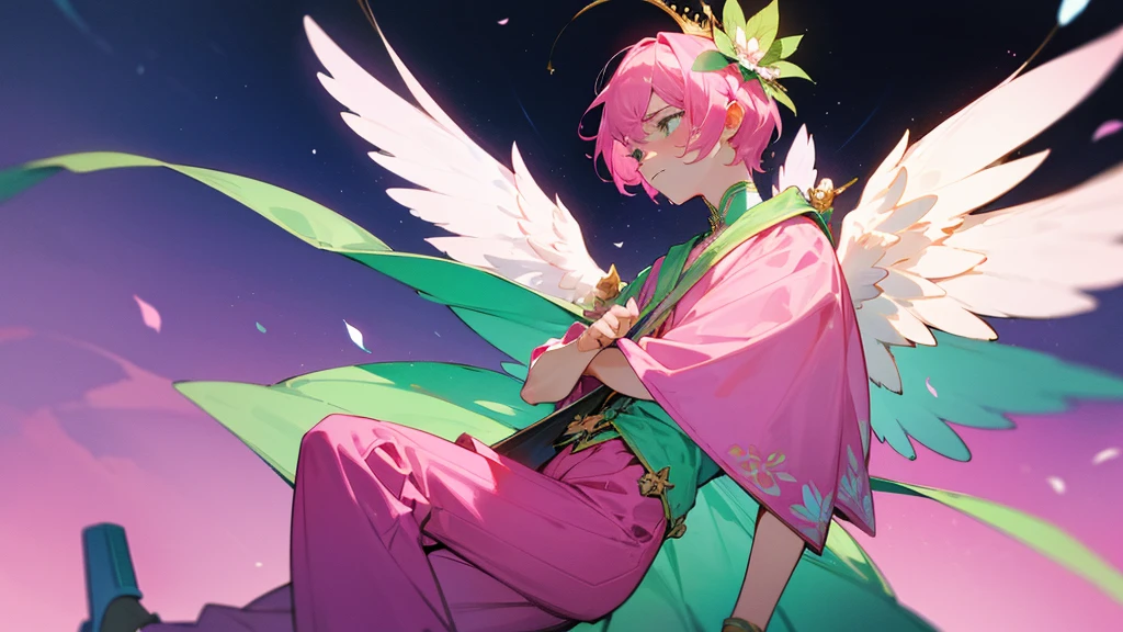 A man with short pink hair and bright blue stars. His face was hopeless and crying. He was tall and thin, wearing a green and pink outfit with a flower pattern on it, and green and pink pants with a flower pattern on it. There is a divine crown with a flower pattern attached to it. It has white divine wings with a flower pattern. in the mobile phone globe