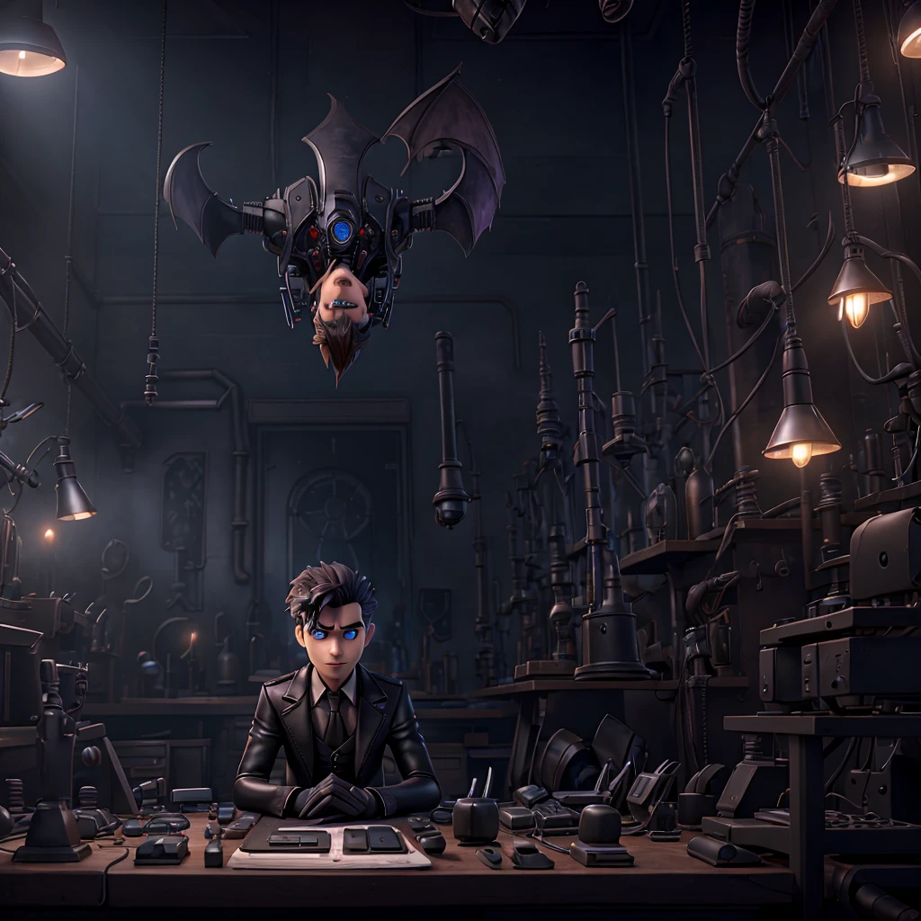 a male vampire sitting in a high-tech laboratory surrounded by various gadgets and devices, ultra-detailed, 8k, photorealistic, chiaroscuro lighting, moody atmosphere, gothic horror, dramatic shadows, glowing computer screens, complex machinery, mechanical parts, futuristic technology, intricate details