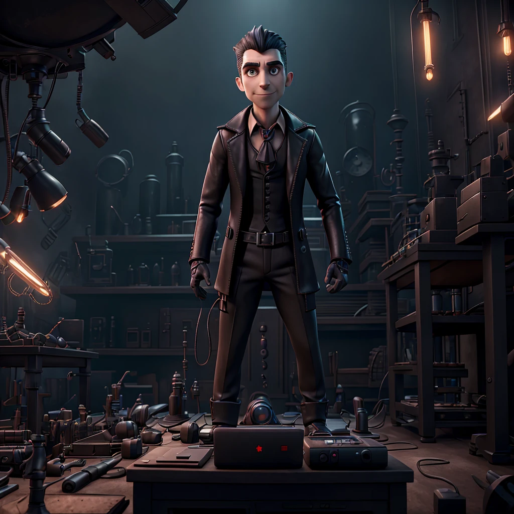 a male vampire sitting in a high-tech laboratory surrounded by various gadgets and devices, ultra-detailed, 8k, photorealistic, chiaroscuro lighting, moody atmosphere, gothic horror, dramatic shadows, glowing computer screens, complex machinery, mechanical parts, futuristic technology, intricate details