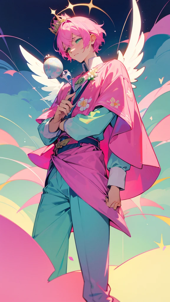A man with short pink hair and bright blue stars. His face was hopeless and crying. He was tall and thin, wearing a green and pink outfit with a flower pattern on it, and green and pink pants with a flower pattern on it. There is a divine crown with a flower pattern attached to it. It has white divine wings with a flower pattern. in the mobile phone globe