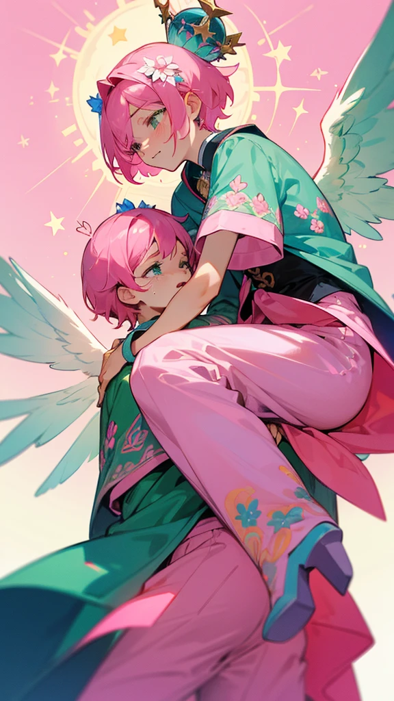A man with short pink hair and bright blue stars. His face was hopeless and crying. He was tall and thin, wearing a green and pink outfit with a flower pattern on it, and green and pink pants with a flower pattern on it. There is a divine crown with a flower pattern attached to it. It has white divine wings with a flower pattern. in the mobile phone globe
