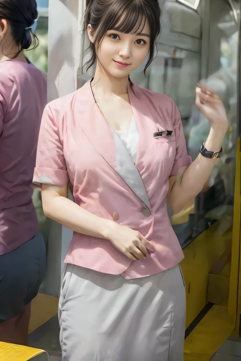 (masterpiece:1.2, Highest quality:1.2), 32k HDR, High resolution, (alone、1 girl)、 (Height: 160cm)、（On the rooftop of a building in the daytime、Professional Lighting）、Building rooftop background、（Nankai train crew uniform pinkを着たリアルスタイル）、（Nankai train crew uniform pink short sleeve collarless pink jacket、Nankai Train Crew Uniform Pink Collarless Short Sleeve Blouse、Nankai Train Crew Uniform Pink Grey Knee-length Culottes）、（The pink jacket is showing from the culottes.）、Dark brown hair、（Hair tied up、Hair tied up、Evening curly hairstyle）、Dark brown hair、Long Shot、Big Breasts、Thin legs、（（Great hands：2.0）），（（Harmonious body proportions：1.5）），（（Normal limbs：2.0）），（（Normal finger：2.0）），（（Delicate eyes：2.0）），（（Normal eyes：2.0））)、smile、（Nankai Train Crew Uniform Pink Grey Knee-length Culottesを見せた美しい歩く姿）、Place your hands around your stomach、Lanyard employee ID card