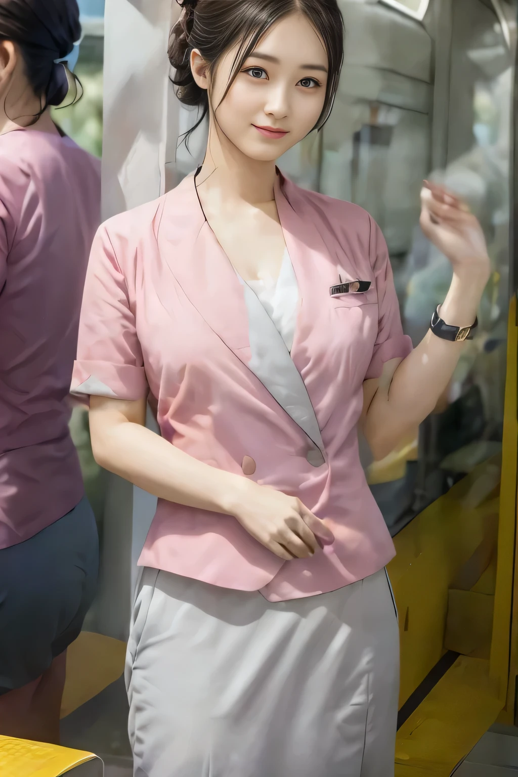 (masterpiece:1.2, Highest quality:1.2), 32k HDR, High resolution, (alone、1 girl)、 (Height: 160cm)、（On the rooftop of a building in the daytime、Professional Lighting）、Building rooftop background、（Nankai train crew uniform pinkを着たリアルスタイル）、（Nankai train crew uniform pink short sleeve collarless pink jacket、Nankai Train Crew Uniform Pink Collarless Short Sleeve Blouse、Nankai Train Crew Uniform Pink Grey Knee-length Culottes）、（The pink jacket is showing from the culottes.）、Dark brown hair、（Hair tied up、Hair tied up、Evening curly hairstyle）、Dark brown hair、Long Shot、Big Breasts、Thin legs、（（Great hands：2.0）），（（Harmonious body proportions：1.5）），（（Normal limbs：2.0）），（（Normal finger：2.0）），（（Delicate eyes：2.0）），（（Normal eyes：2.0））)、smile、（Nankai Train Crew Uniform Pink Grey Knee-length Culottesを見せた美しい歩く姿）、Place your hands around your stomach、Lanyard employee ID card