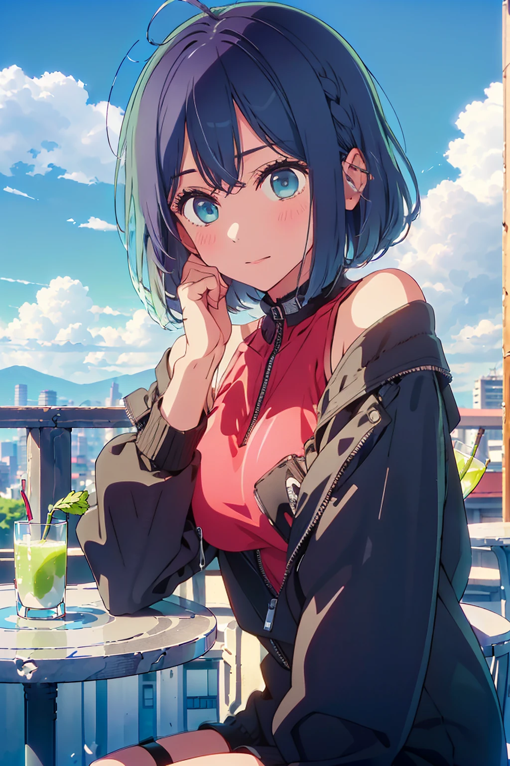 (Highest quality:1.4、8K:1.4、detailed)、F cup bust、Big Breasts、Slim body、Very white beautiful skin、((((1 person、Surprised expression、sit、Chair、In the background are the urban buildings of Tokyo、looking at the camera、Outdoor café terrace、Navy hair color、juice、table、Very cute face))))、((((nude、Areola))))、(Pose with hair tucked behind ears with both hands:1.4、Cheek resting on hand:1.4)、((((Off-the-shoulder black blouson with zipper))))、Nipples、Very blue sky、A completely cloudless sky