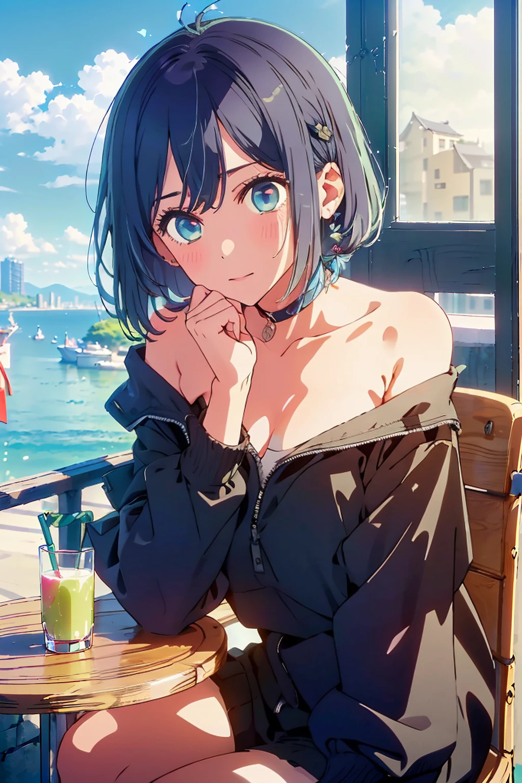 (Highest quality:1.4、8K:1.4、detailed)、F cup bust、Big Breasts、Slim body、Very white beautiful skin、((((1 person、Surprised expression、sit、Chair、In the background are the urban buildings of Tokyo、looking at the camera、Outdoor café terrace、Navy hair color、juice、table、Very cute face))))、((((nude、Areola))))、(Pose with hair tucked behind ears with both hands:1.4、Cheek resting on hand:1.4)、((Off-the-shoulder black blouson with zipper))、Nipples、Very blue sky、A completely cloudless sky