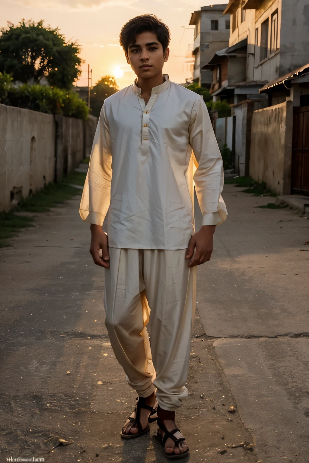 Creat an image of boy 15 year old,wears beautiful shalwar kameez, Nice background, setting sun