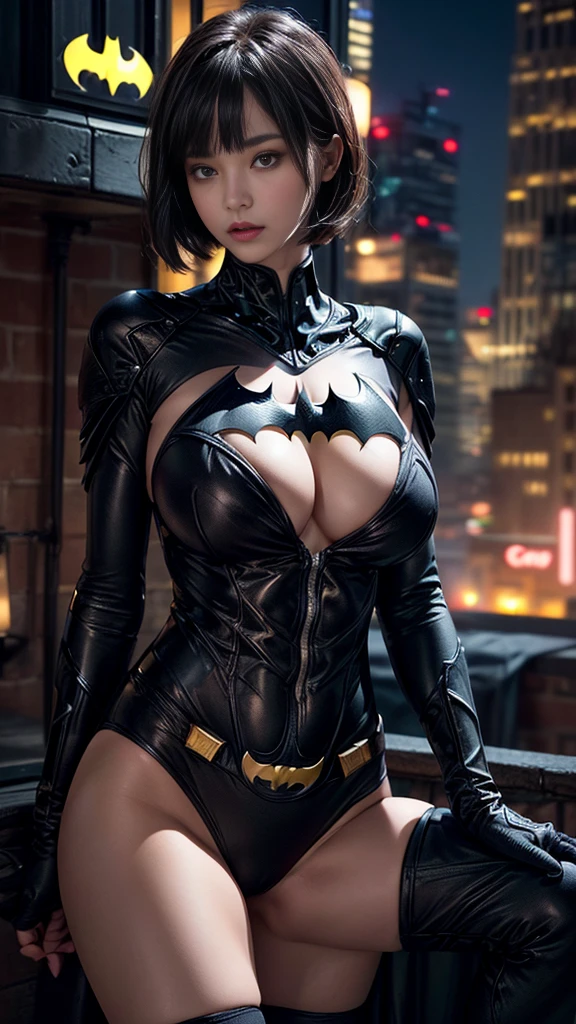 (nsfw:1.2)、((Cowboy Shot))、Mature Woman、(masterpiece, Highest quality), Intricate details, 8K, 1 Girl, Long Hair, Bowl Cut Hair,((blunt bangs))、 Black Hair,((Batman suit with intricate and detailed design)),Skyscraper, city, building,street,((Delicate painting)),(Detailed RAW photos of girls), (Pieces fly:1.25), (Highest quality:1.6), (Ultra-high resolution:1.5), (Photorealistic:1.75), 8K resolution, Canon EOS R5, 50mm, Confused, Very detailed,Cinema Lighting、(((Super big breasts)))、Leg spread、The abdomen is visible、((Separate suits))、Ultra-detailed and intricately decorated Batman knee-high socks、Sexy pose、Batman bikini with delicate and detailed embellishment