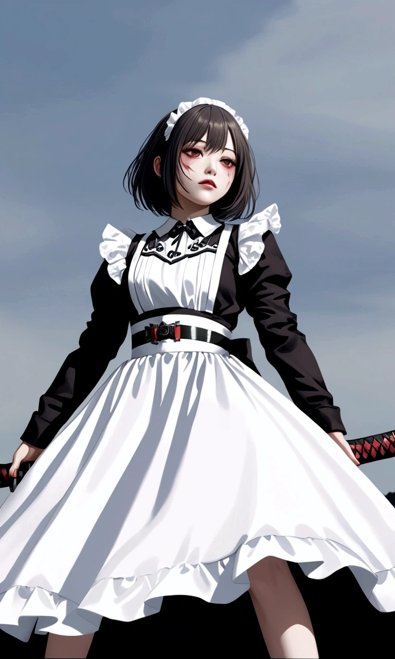 A maid girl holding two katana, standing on a dead body on the ground, extremely detailed, hyper detailed, photorealistic, 8k, highly detailed facial features, beautiful detailed eyes, beautiful detailed lips, extremely detailed eyes and face, long eyelashes, intricate details, cinematic lighting, dramatic shadows, moody atmosphere, dark and gritty, blood spatters, horror elements, intense action scene, dynamic pose, masterpiece.