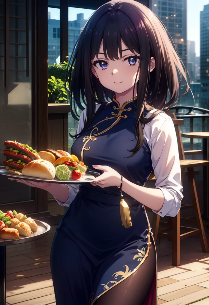 Takiuchi, Check it out, Long Hair, bangs, Black Hair, (Purple eyes:1.2),happy smile, smile, Close your mouth,
Sleeveless blue Chinese dress,Blue long slit,Black pantyhose,Stiletto heels,Tables and chairs, food, drink, tray, tray in one hand,whole bodyがイラストに入るように,Walking,
break indoors,Chinese style coffee shop,
break looking at viewer, whole body,
break (masterpiece:1.2), Highest quality, High resolution, unity 8k wallpaper, (shape:0.8), (Fine and beautiful eyes:1.6), Highly detailed face, Perfect lighting, Highly detailed CG, (Perfect hands, Perfect Anatomy),
break outdoors, city,
break looking at viewer, (Cowboy Shot:1.5),
break (masterpiece:1.2), Highest quality, High resolution, unity 8k wallpaper, (figure:0.8), (Beautiful attention to detail:1.6), Highly detailed face, Perfect lighting, Highly detailed CG, (Perfect hands, Perfect Anatomy),