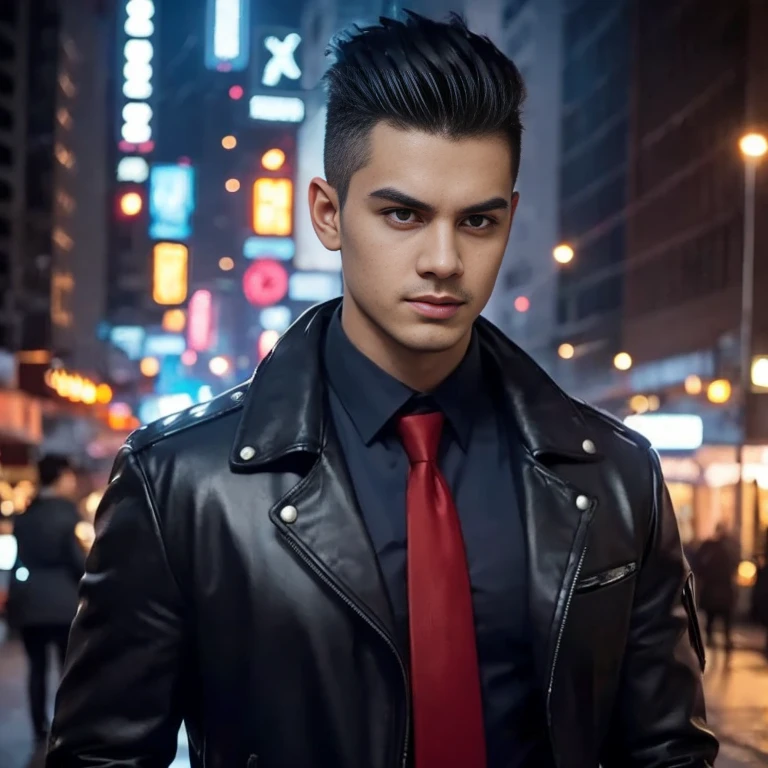 Aarav man, 25 years old, short black haircut, standing in the middle of the road., Hero Moves, standing next to car, Nissan 350z middle shot, The promotion is still on., The promotion is still on., Zach Retz, Shot with canon eos r5, Shot with canon eos r5, moody movie lighting, Rafael Pernaz, Photo Editor, Alexander Rostov, Still from Riverdale, Portrait 8 k, cyberpunk noir, ultra realistic, neon, photography model, raw image, dsrl, neon signs, purple, light blue, red