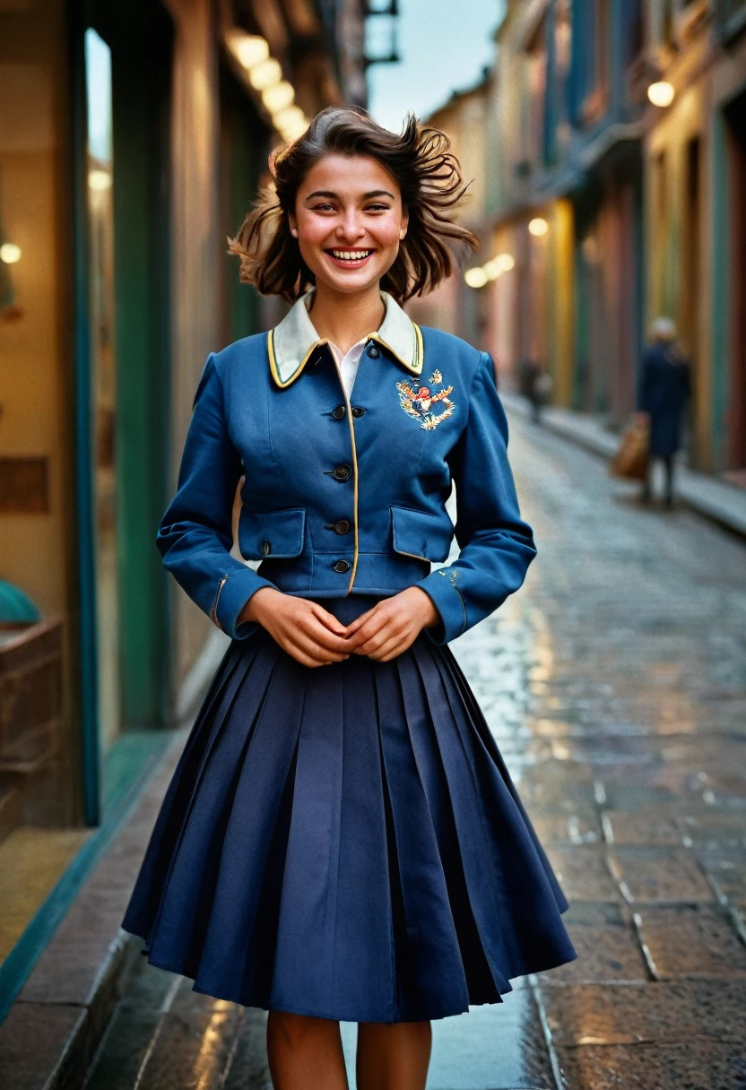 A smiling, authentic, (shy:1,3), kind, beautiful woman, is passionately in love with her skirt, wind lifts her skirt, wearing uniform jacket and very, very detailed (long (fully pleated) full circle skirt) and (low heeled court shoes), very, very intricate hyper-detailed symmetric (attractive graceful young feminine face) with (sad, tired eyes and a loving smile), very voluptuous breasts, full of empathy and compassion and love, (pronounced (feminine) features), (highly detailed ultra accurate realistic) hands and fingers, (windy), epic composition, highly detailed attributes, (35mm f1.4 Kodak portra 400 photograph), extremely high quality RAW photograph, highly detailed atmosphere, sci-fi, cinematic shot, dynamic lighting, 75mm, Technicolor, Panavision, cinemascope, sharp focus, fine details, 8k, HDR, realism, realistic, key visual, film still, superb cinematic color grading, depth of field