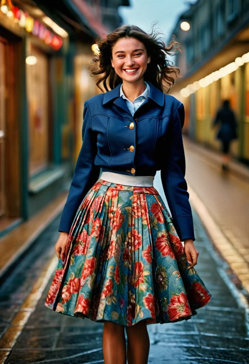 A smiling, authentic, (shy:1,3), kind, beautiful woman, is passionately in love with her skirt, wind lifts her skirt, wearing uniform jacket and very, very detailed (long (fully pleated) full circle skirt) and (low heeled court shoes), very, very intricate hyper-detailed symmetric (attractive graceful young feminine face) with (sad, tired eyes and a loving smile), very voluptuous breasts, full of empathy and compassion and love, (pronounced (feminine) features), (highly detailed ultra accurate realistic) hands and fingers, (windy), epic composition, highly detailed attributes, (35mm f1.4 Kodak portra 400 photograph), extremely high quality RAW photograph, highly detailed atmosphere, sci-fi, cinematic shot, dynamic lighting, 75mm, Technicolor, Panavision, cinemascope, sharp focus, fine details, 8k, HDR, realism, realistic, key visual, film still, superb cinematic color grading, depth of field