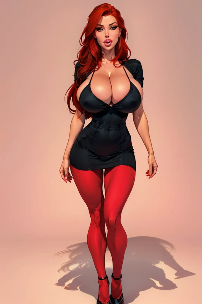 A full body shot of a tall elegant (redhead:1.4), (wearing a skintight black dress:1.2), (highly detailed face, big lips:1.4), (very skinny body:1.2), skinny waist, small perky butt, very busty, big breasts, busty, cleavage buldging out, breasts swelling, posing seductively, (plain background:1.2)