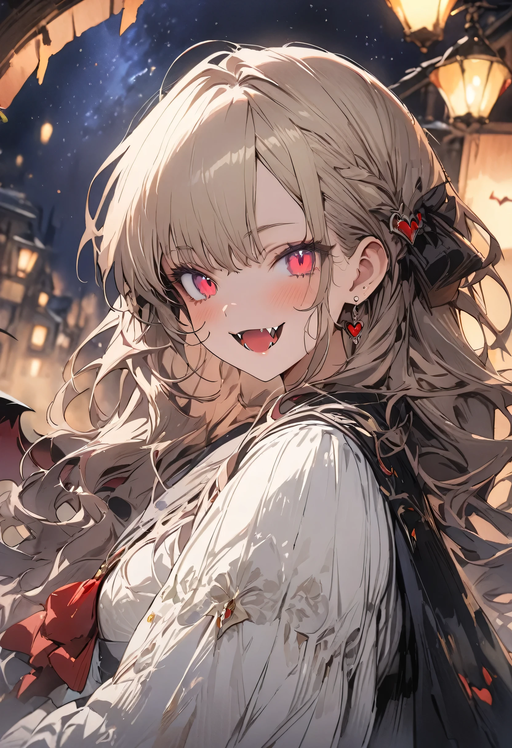 (masterpiece, best quality, highly detailed, absurdres:1.3), (1girl, cute, charming, detailed beautiful face:1.3), vampire, (fantastic illustration, beautiful detail, best quality, top quality, fain touch outline:1.3), watercolor, clear, beautiful detail, tangle, smile, (background night sky:1.5), beautiful scenery, (vampire, fangs:1.5), delicate touch illustration, cute illustration, anime style illustration