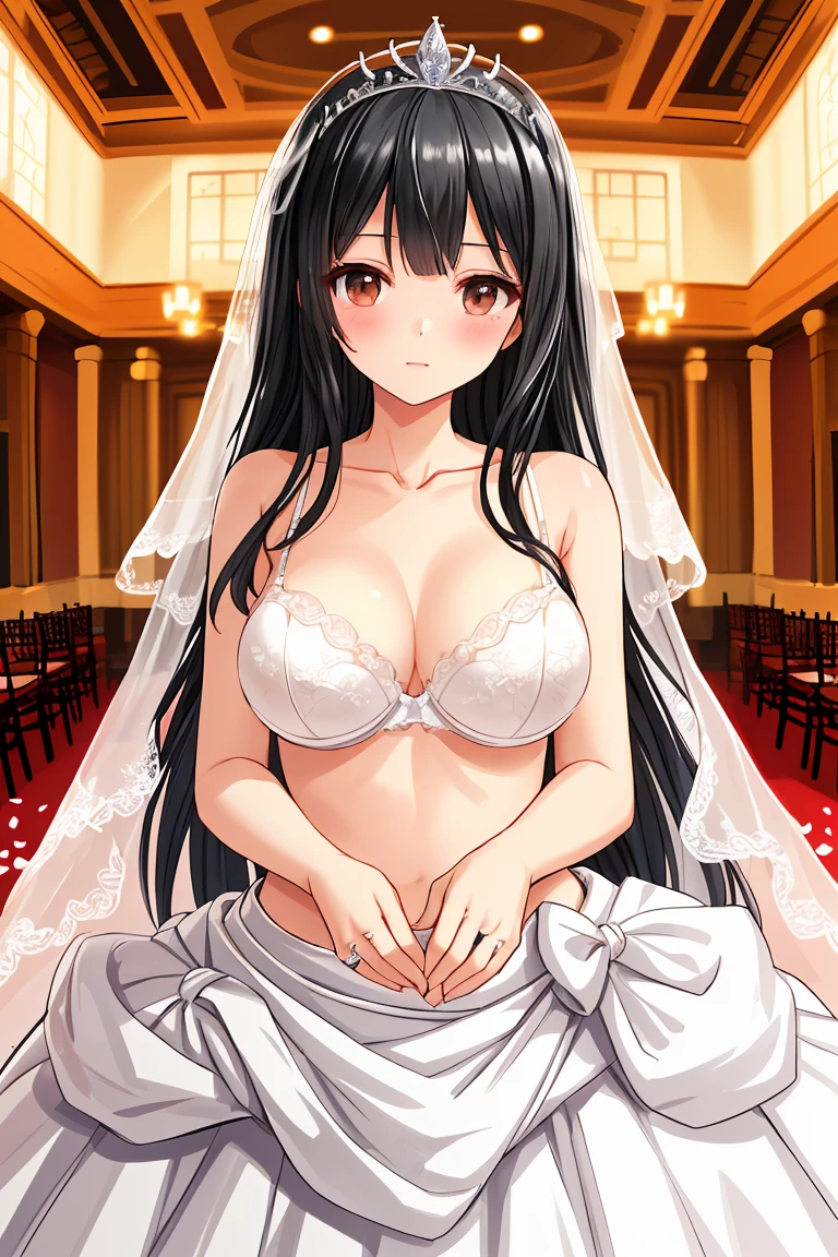 Wedding dress　Wedding hall　Black Hair　tiara　Beautiful breasts　White bra