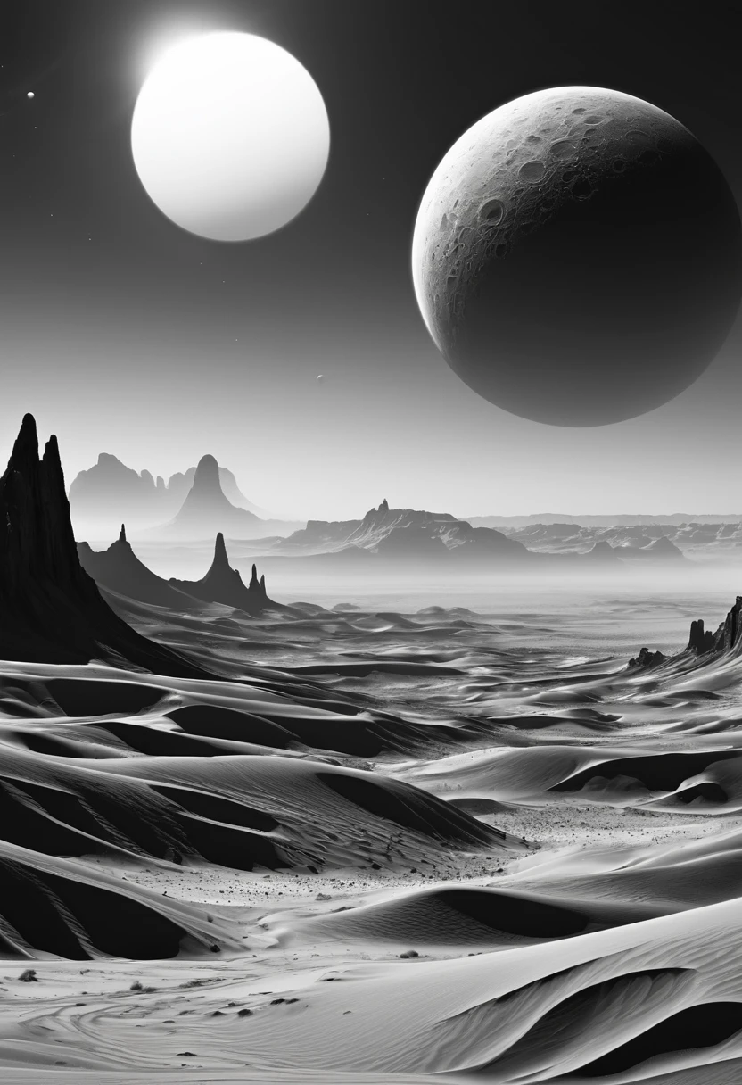 a close up of a black and white photograph of a desert, digital art inspired by Chris Moore, Deviantart, space art, beautiful alien landscape, stunning alien landscape, amazing alien landscape, alien landscape impresionante, an alien landscape view, alien landscape, an alien landscape, Alien surface planet, desert planet, space landscape, planetary landscape, planetary landscape, across an alien landscape