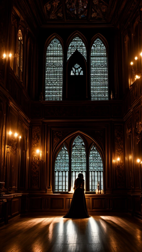 woman, room, night light, barely visible faces on the walls, gothic room