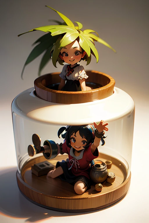 3D-illustration of a very cute girl figure in a jar, Masterpiece((must)), Palm-sized, cute, smiling, The face is dense((must))