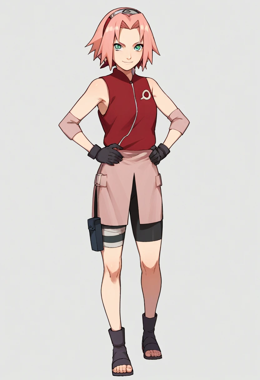 score_9, score_8_up, score_7_up, score_6_up, score_5_up, score_4_up, BREAK, source_anime,
1girl, haruno sakura, pink hair, short hair, green eyes, sleeveless, red shirt, forehead protector, bike shorts, shorts, black gloves,
hands on hips, smile, standing, full body, looking at viewer, solo, simple background, white background,