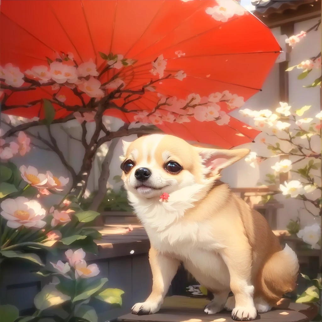 araffe sitting on a table with a red umbrella and flowers, miko, japanese dog, background is heavenly, けもの, photo of a beautiful, 4k!, 8k!, chihuahua, painting of cute dog, (((luke chueh))), [ realistic photo ]!!, 8k!!, the background is on fire, sha xi, michael