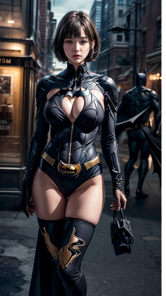 (nsfw:1.1)、((Cowboy Shot))、Mature Woman、(masterpiece, Highest quality), Intricate details, 8K, 1 Girl, Long Hair, Bowl Cut Hair,((blunt bangs))、 Black Hair,((Ultra-detailed and super-intricately designed Batman suit)),Skyscraper, city, building,street,((Delicate painting)),(Detailed RAW photos of girls), (Pieces fly:1.25), (Highest quality:1.6), (Ultra-high resolution:1.5), (Photorealistic:1.75), 8K resolution, Canon EOS R5, 50mm, Confused, Very detailed,Cinema Lighting、(((Super big breasts)))、Leg spread、The abdomen is visible、((Separate suits))、Ultra-detailed and intricately decorated Batman knee-high socks、Sexy pose、Batman bikini with delicate and detailed embellishment、