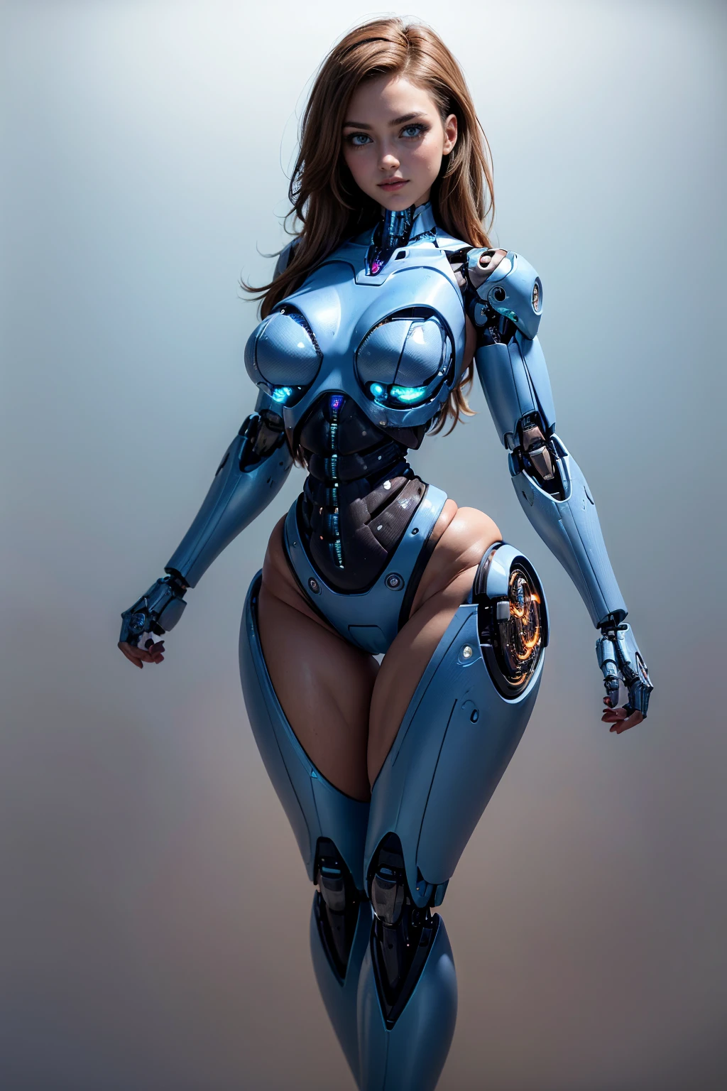 (Muscular:1.8), (thick thighs:1.7), (wide hips:1.7), (large breasts:1.5), FEMALE, brown hair, long brown hair, (big smile:0), (cute slim cyborg from the future:1.6), looking at viewer, (three quarter view:1.1), upper body view, (blank background:1.5), dark lighting, detailed skin, detailed eyes, (dark skin:1.), (very thin waist:1.6), (huge round muscles:1.4), (bright blue eyes:1.6),