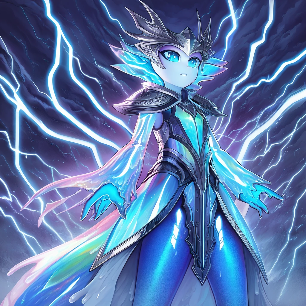 Slime Girl with translucid white-blue glowing skin and dripping with electric slime slime that is full of electromagnetic current wearing armor wreathed in lightning in the mist of a epic lighting storm in iridescent foil anime art style