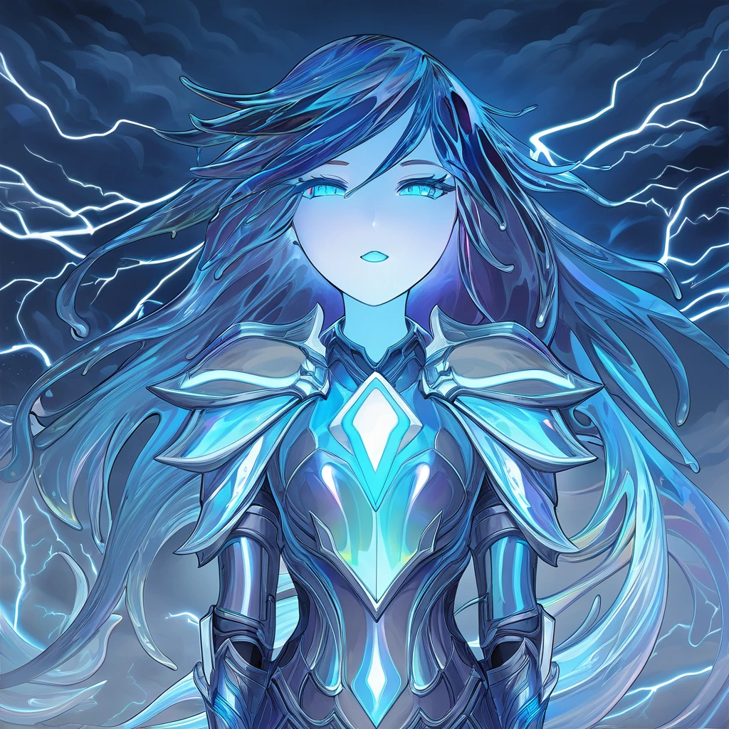 Slime Girl with translucid white-blue glowing skin and dripping with electric slime slime that is full of electromagnetic current wearing armor wreathed in lightning in the mist of a epic lighting storm in iridescent foil anime art style