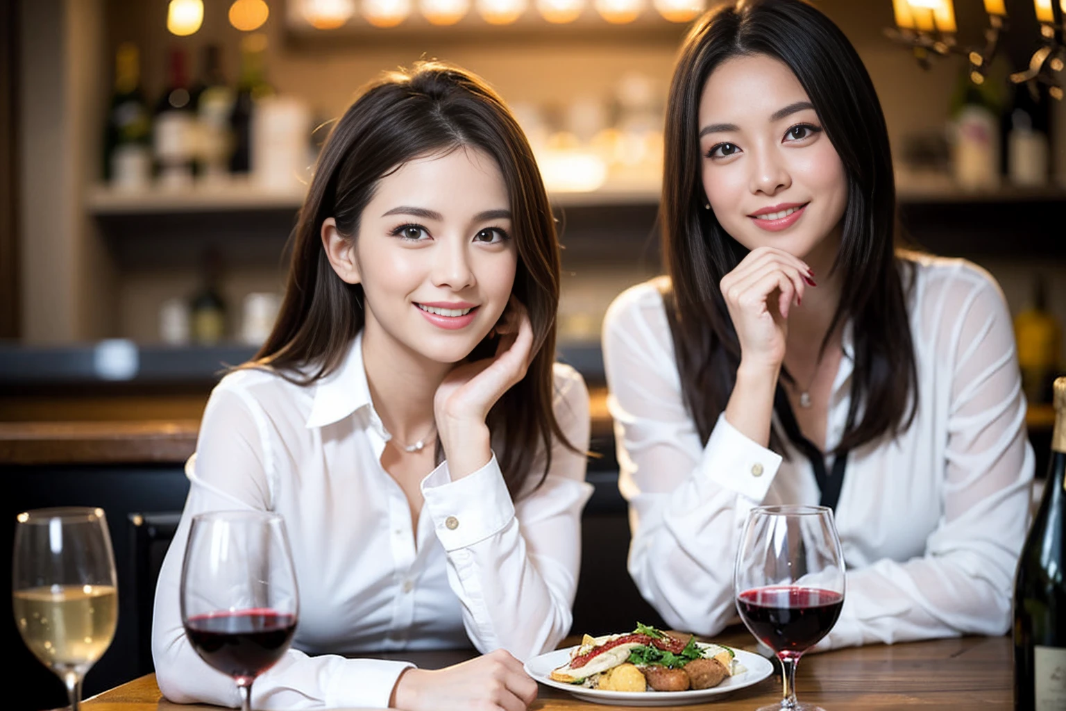((Highest quality、8K、masterpiece:1.3))、のsmile、1 male、1 female、Beautiful couple、love love love、Lovers in Paris、Good friends、actress couple、smile、Full-course dinner at a packed table、Brown Hair Couple、the body is スリム、((Bob Hale、Straight hair:1.2)), (Realistic, Intricate details:1.2), Wine glasses on the table、Put the light on your face、 Amazing view of the sunset sky and clouds、A bright smile、The wonderfulness of smile、Bright image、The beauty of wine, Beautiful Face, blue eyes, The light shines on your face, Blushing, short hair,Bright Face、 (Age 37), 39 years old, red wine 、Wine bottle、Champagne、sparkling wine、Two beauties、Brown Hair、Shortcuts、Long sleeve shirt、dress、Beautiful woman 1, (Slim face), (the body is スリム), (Brown Hair), (Shortcuts), cheeks turn a little red,Attractive beauty、restaurant, 