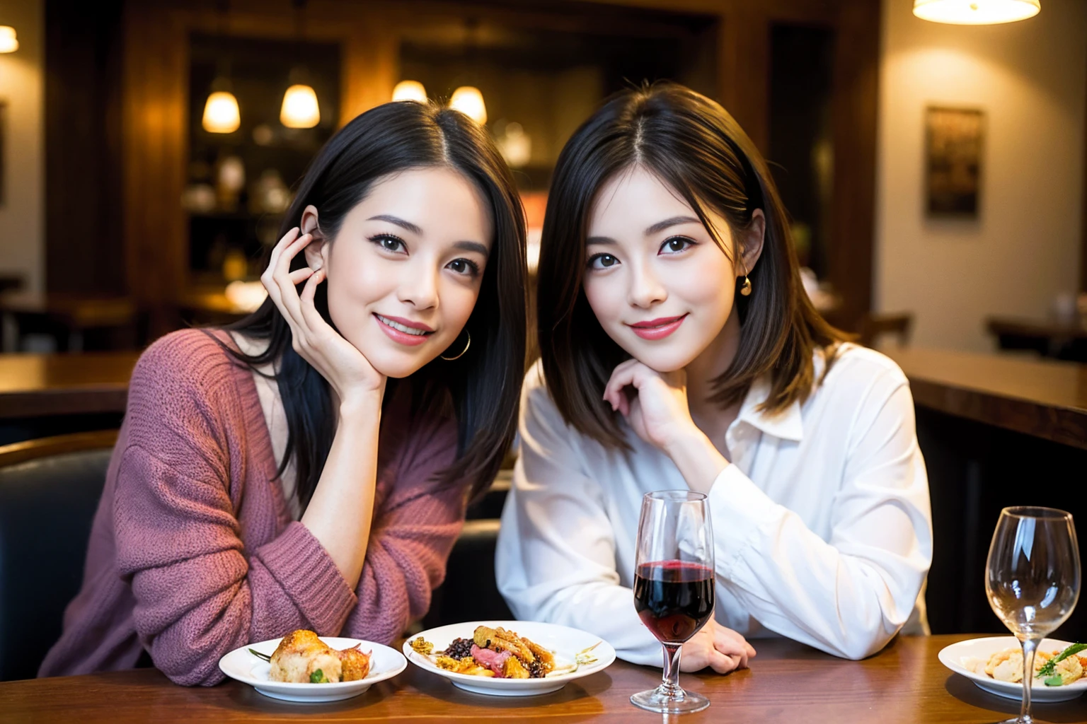 ((Highest quality、8K、masterpiece:1.3))、のsmile、1 male、1 female、Beautiful couple、love love love、Lovers in Paris、Good friends、actress couple、smile、Full-course dinner at a packed table、Brown Hair Couple、the body is スリム、((Bob Hale、Straight hair:1.2)), (Realistic, Intricate details:1.2), Wine glasses on the table、Put the light on your face、 Amazing view of the sunset sky and clouds、A bright smile、The wonderfulness of smile、Bright image、The beauty of wine, Beautiful Face, blue eyes, The light shines on your face, Blushing, short hair,Bright Face、 (Age 37), 39 years old, red wine 、Wine bottle、Champagne、sparkling wine、Two beauties、Brown Hair、Shortcuts、Long sleeve shirt、dress、Beautiful woman 1, (Slim face), (the body is スリム), (Brown Hair), (Shortcuts), cheeks turn a little red,Attractive beauty、restaurant,