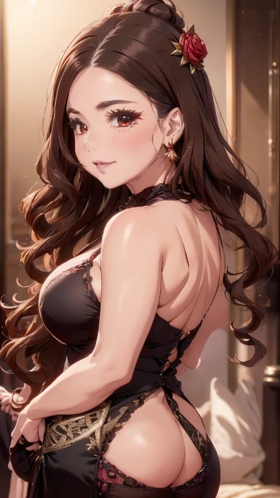 8K, RAW Photos, Fujifilm, Style photos of beautiful 45 year old women, Square face, Red rose on neck, Wearing a black dress with red lace, Gold earrings, Strong features like the spinning dove, (Highly detailed skin: 1.2), Light medium brown hair, Film Grain, 35mm, Cute Style