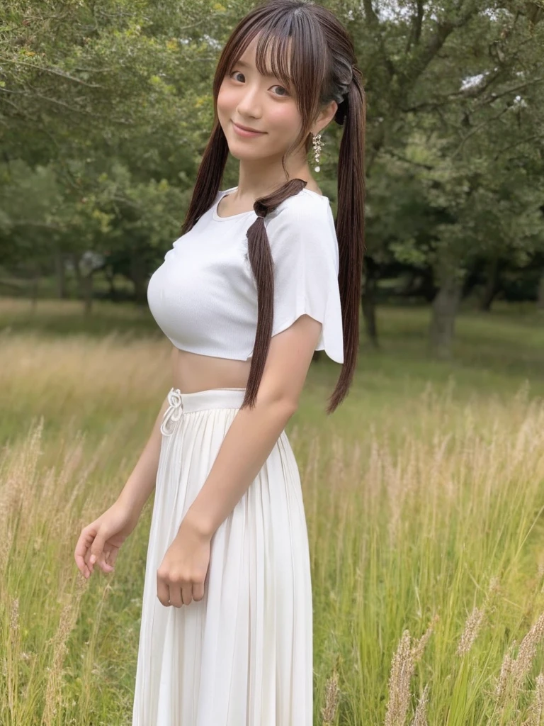 One Japanese person、Twenty years old、Earrings、Twin tail、Big Breasts、White bare top、Pleated unflower field walk、Full body photography
