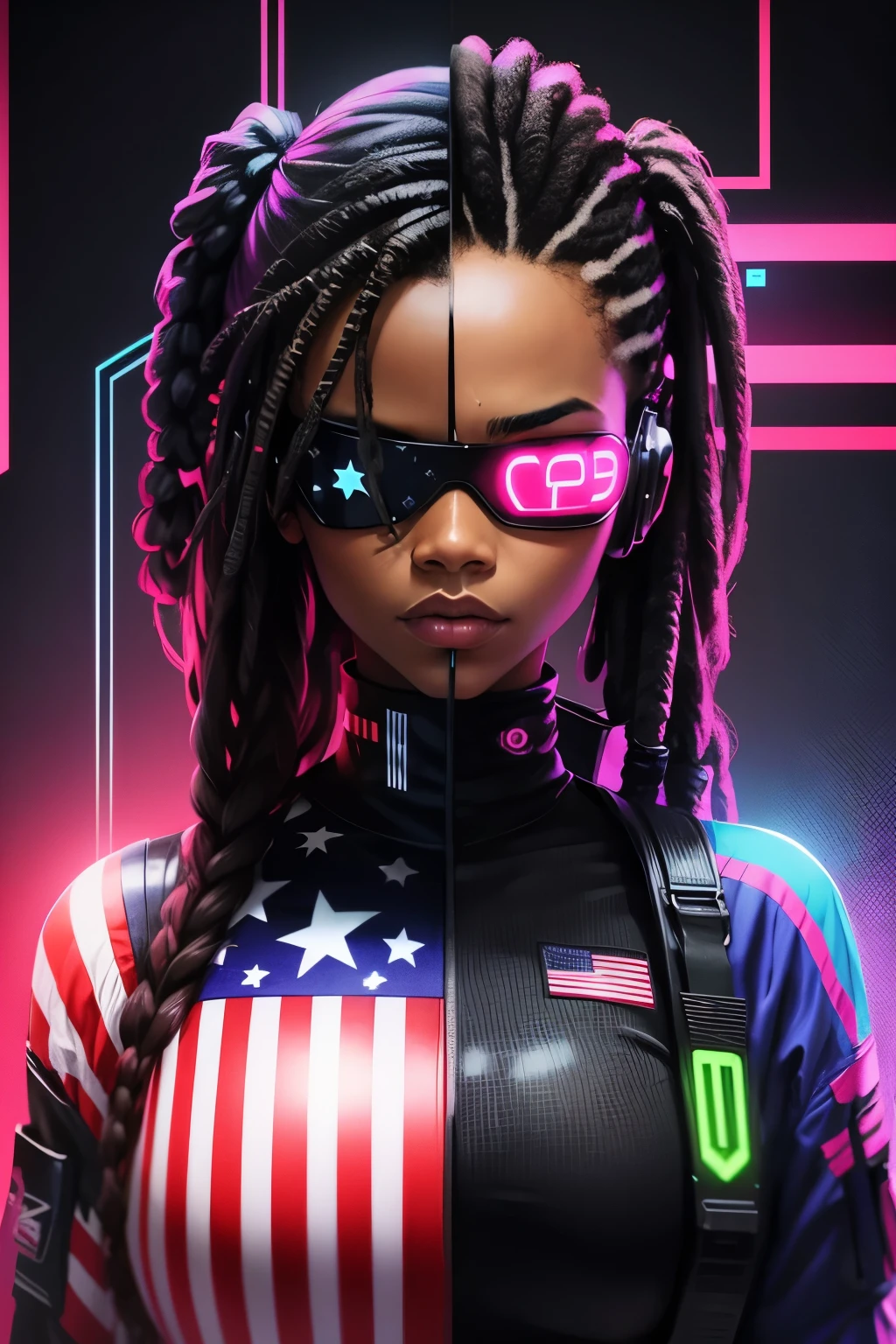 digital American flag, neon colors, cyberspace theme, neon American flag background,, matrix background, ebony woman, dreads, vr headset 