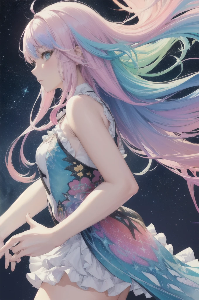 (masterpiece, top quality, best quality,watercolor (medium),official art, beautiful and aesthetic:1.2),(1girl:1.3), (fractal art:1.3),upper body, from side, looking at viewer,patterns,(rainbow color Hair,colorful hair,half blue and half pink hair:1.2),water,liquid, cloud,colorful, starry,stars,