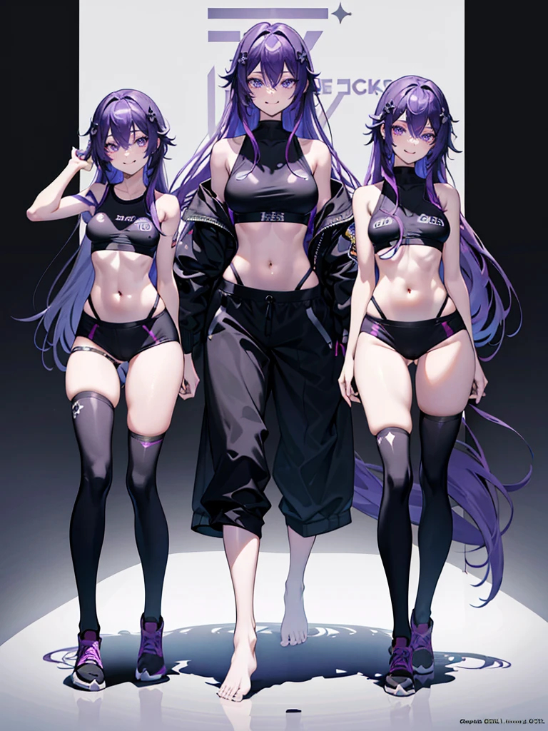 One girl, Long purple hair, Iris, Wearing a black sports bra, Wearing baggy black pants, Absurd, High resolution, Super sharp, 8K, masterpiece, View your viewers, sexy, Fascinating, erotic, Tongue sticking out, expensive, Golden body proportions, smile,((full body))