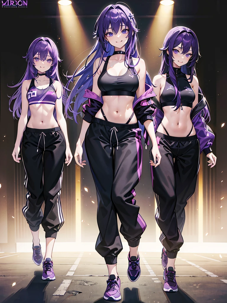 One girl, Long purple hair, Iris, Wearing a black sports bra, Wearing baggy black pants, Absurd, High resolution, Super sharp, 8K, masterpiece, View your viewers, sexy, Fascinating, erotic, Tongue sticking out, expensive, Golden body proportions, smile,((full body))