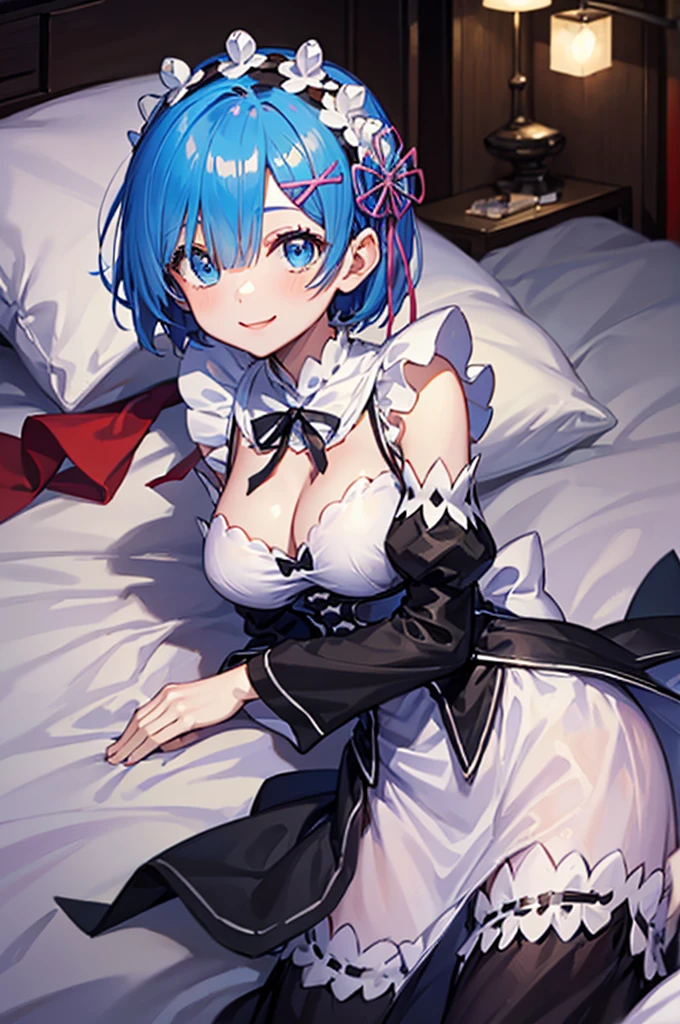 (masterpiece, best quality;1.3), ultra detailed, Looking at viewer, castle, lying on bed,smile, 
rem_re_zero, blue hair, short hair, maid uniform, hair ornament, cleavage, maid headdress, detached sleeves, ribbon