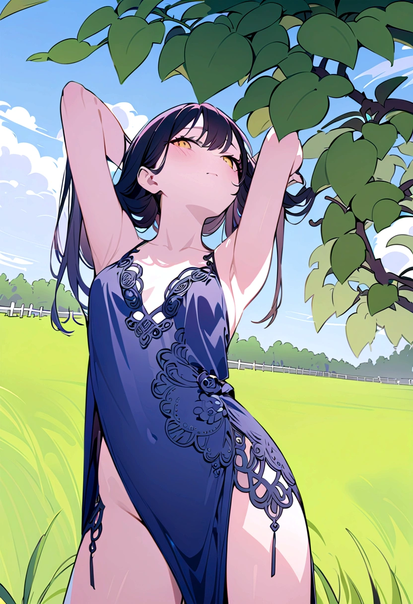 Anime style beter quality possible, young nude  woman japonese naked in towel in flower fields with open legs, dogstyle position she has small black hair, perfect breasts and huge nipples, hairy pubic area pussy, angelical face, sensual look and sensual smile