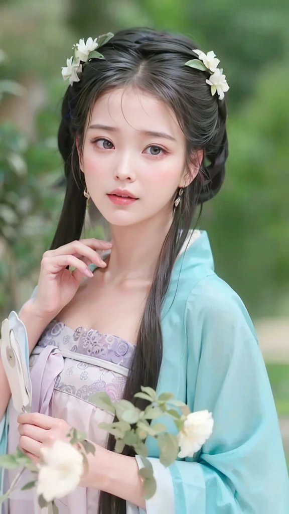 Close-up:A woman in a blue dress holding a flower, palace , Girl wearing Hanfu, Beautiful Chinese model, Traditional Beauty, Ancient Chinese beauties, Cute and delicate face, Chinese Girl, Chinese, Ruan Jiamei!, Wearing ancient Chinese clothes, Rendering of Tang Dynasty beauties, Wearing Chinese clothing, Extremely beautiful face, Very beautiful face