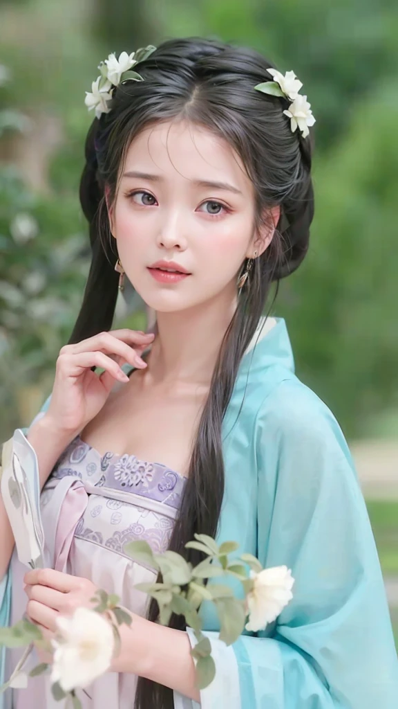 Close-up：A woman in a blue dress holding a flower, palace ， Girl wearing Hanfu, Beautiful Chinese model, Traditional Beauty, Ancient Chinese beauties, Cute and delicate face, Chinese Girl, Chinese, Ruan Jiamei!, Wearing ancient Chinese clothes, Rendering of Tang Dynasty beauties, Wearing Chinese clothing, Extremely beautiful face, Very beautiful face