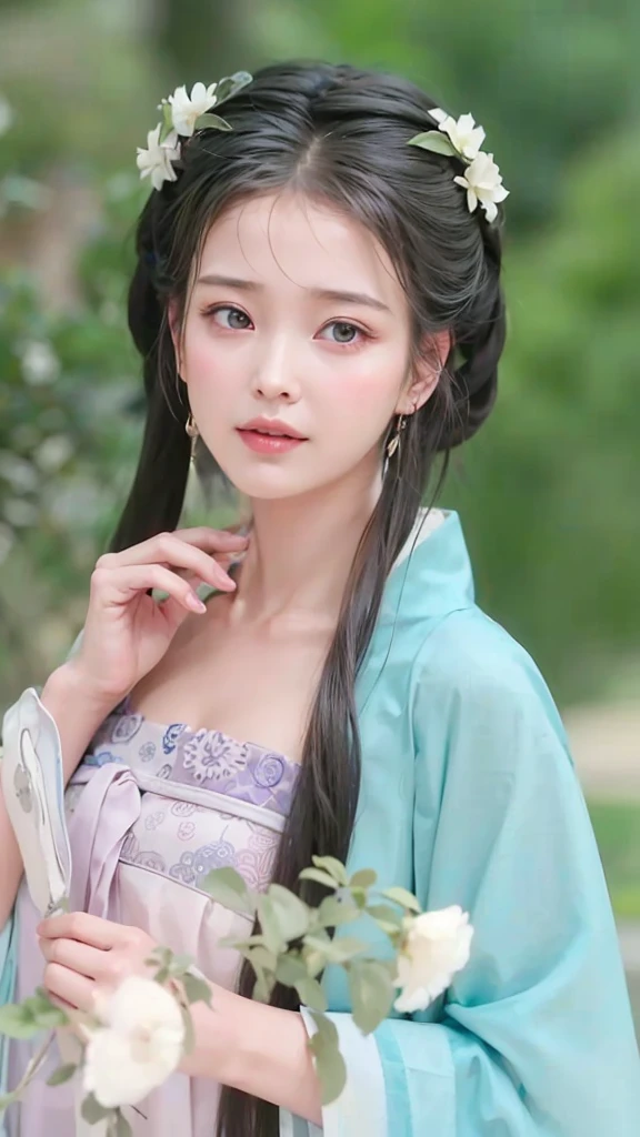 Close-up:A woman in a blue dress holding a flower, palace , Girl wearing Hanfu, Beautiful Chinese model, Traditional Beauty, Ancient Chinese beauties, Cute and delicate face, Chinese Girl, Chinese, Ruan Jiamei!, Wearing ancient Chinese clothes, Rendering of Tang Dynasty beauties, Wearing Chinese clothing, Extremely beautiful face, Very beautiful face