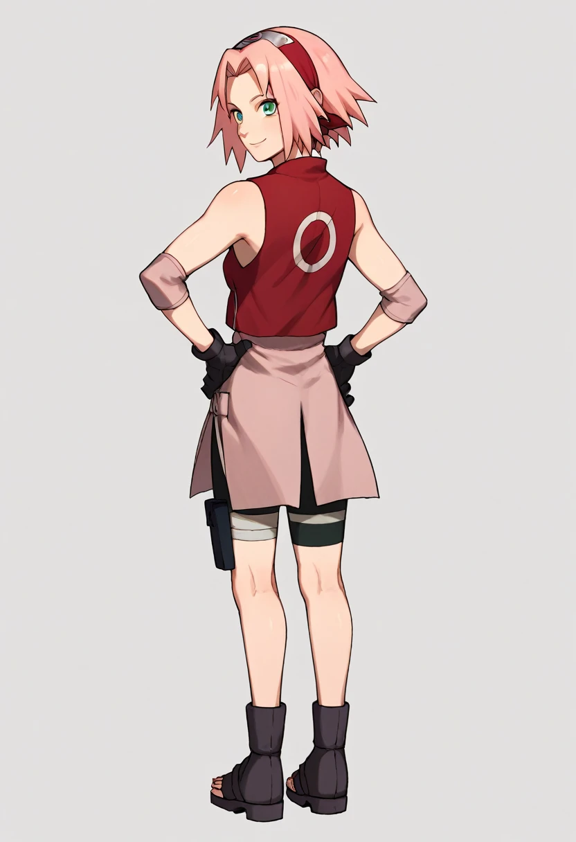 score_9, score_8_up, score_7_up, score_6_up, score_5_up, score_4_up, BREAK, source_anime,
1girl, haruno sakura, pink hair, short hair, green eyes, sleeveless, red shirt, forehead protector, bike shorts, shorts, black gloves,
hands on hips, smile, standing, full body, looking at viewer, solo, simple background, white background, looking back,