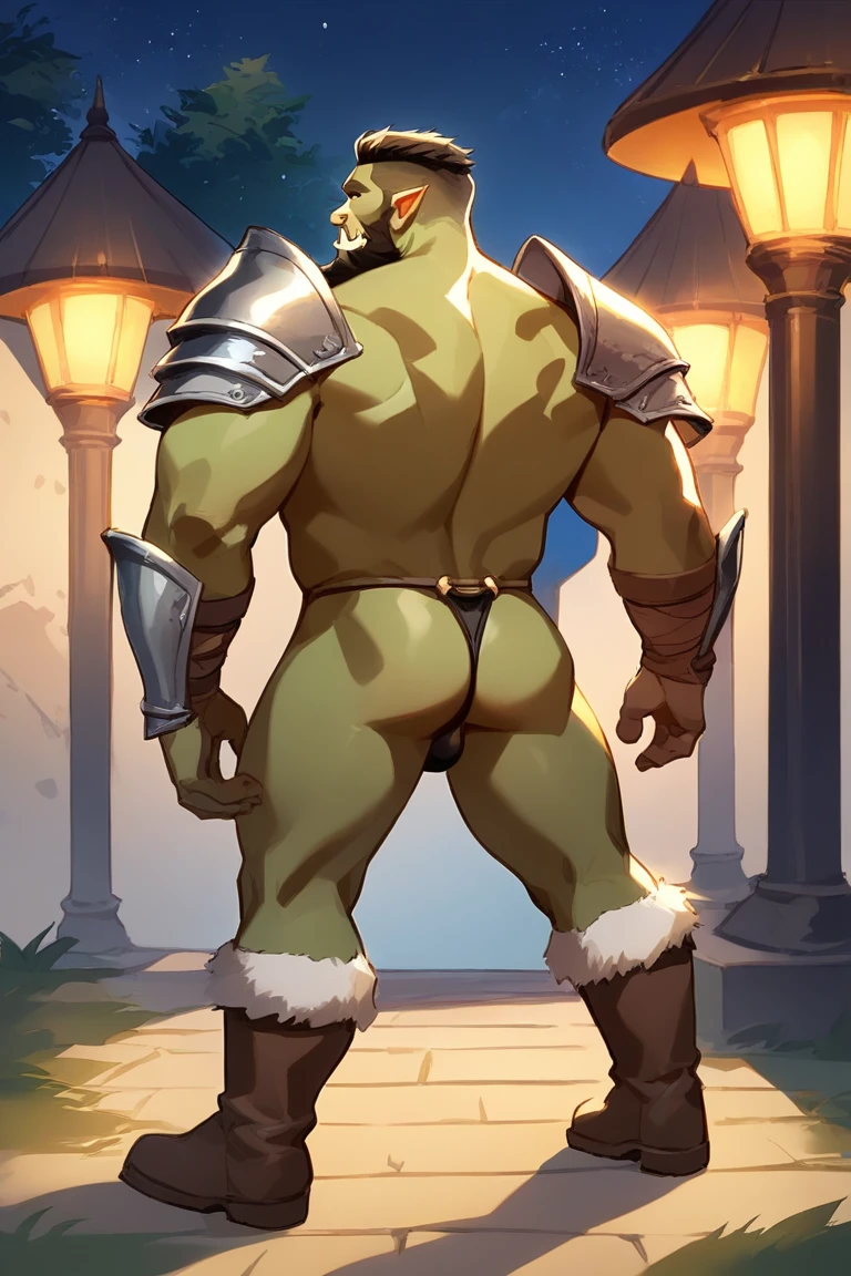score_9, score_8_up, score_7_up, solo, male focus, mature male, orc, green skin, tusks, beard, outdoors, micro armor , shoulder armor, breastplate, upper body, closed mouth, pauldrons, night, night sky,, boots , shirtless , (black g-string) , full body , black boots , laying spread legs , backside , back side