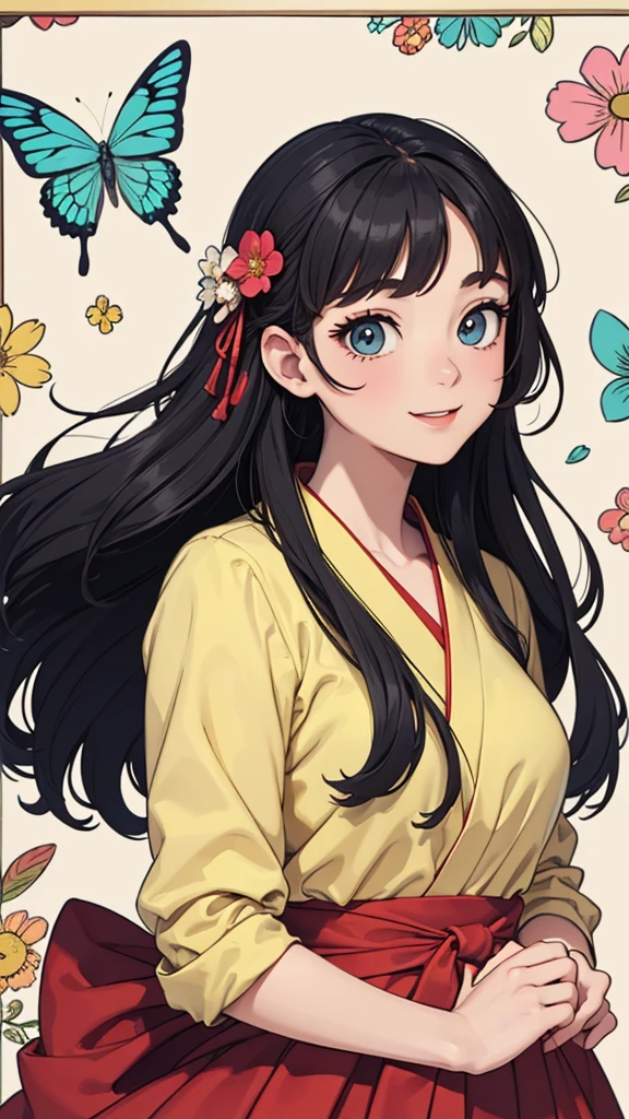 Portraiture、Japanese style、80Shojo manga style of the era、Abstract painting、harajuku fashion、Modern Fashion、Big eyes、Mastepiece, Highest quality,Portraiture、smile、昭和Retro、Poster、Floral Background、
paint,figure,Retro、Vector art、フラットpaint、
Style 2,alone,Simple Background,Upper Body、Geometry Pavilion、Minimum style、
Cartoon illustration of a woman in a yellow shirt(Mrs. Butterfly's work), Grunge Beauty Style, hostage pliers, Mixed Pattern, Installing Text and Emojis, close, charming character illustrations, Folklore