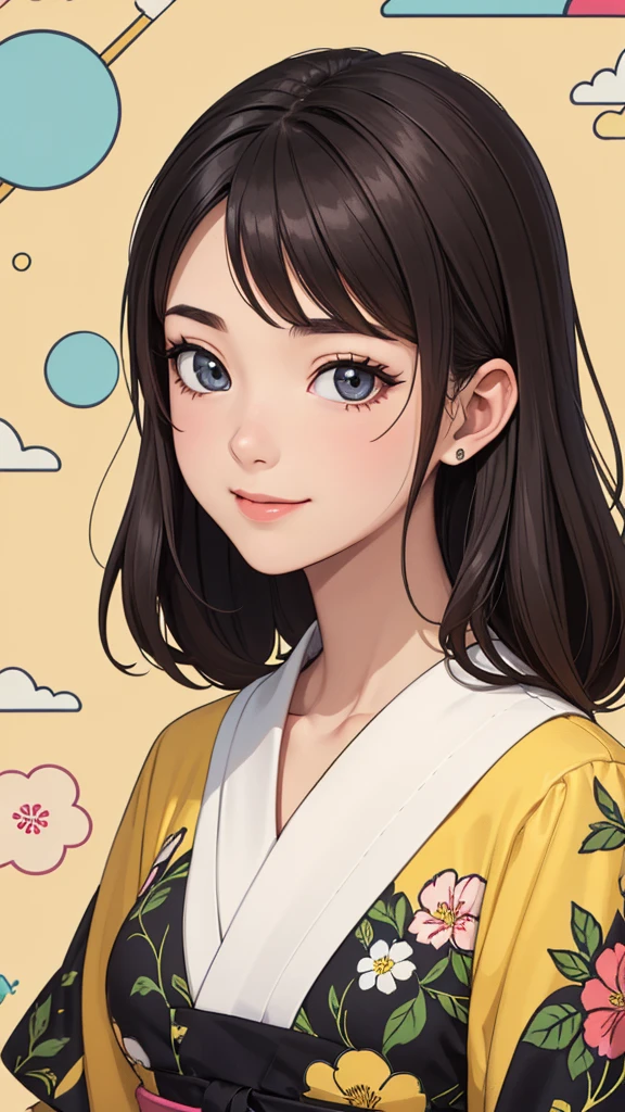 Portraiture、Japanese style、80Shojo manga style of the era、Abstract painting、harajuku fashion、Modern Fashion、Big eyes、Mastepiece, Highest quality,Portraiture、smile、昭和Retro、Poster、Floral Background、
paint,figure,Retro、Vector art、フラットpaint、
Style 2,alone,Simple Background,Upper Body、Geometry Pavilion、Minimum style、
Cartoon illustration of a woman in a yellow shirt(Mrs. Butterfly's work), Grunge Beauty Style, hostage pliers, Mixed Pattern, Installing Text and Emojis, close, charming character illustrations, Folklore